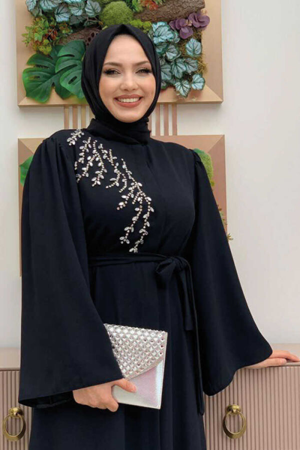 Schultersteinbestickte Taillenkrawatte Abaya 7805 Schwarz - 4