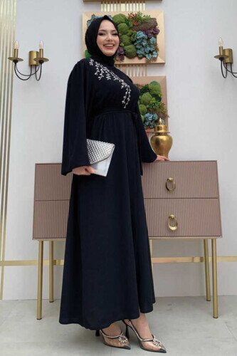 Shoulder Stone Embroidered Waist Tie Abaya 7805 Black - 3