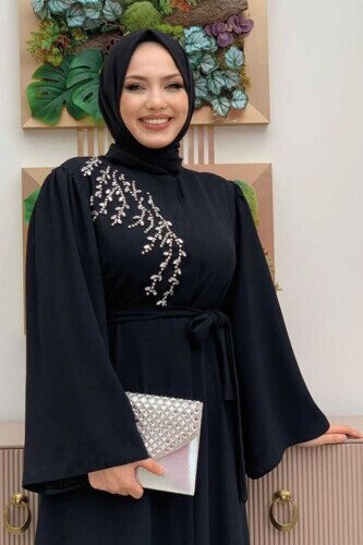 Shoulder Stone Embroidered Waist Tie Abaya 7805 Black - 4