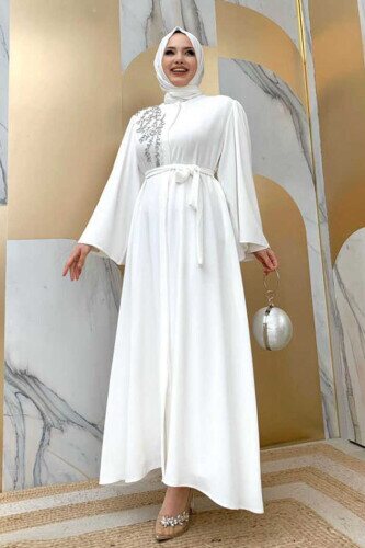 Schultersteinbestickte Taillenkrawatte Abaya 7805 Ecru 