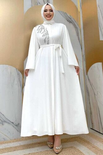 Schultersteinbestickte Taillenkrawatte Abaya 7805 Ecru - 3