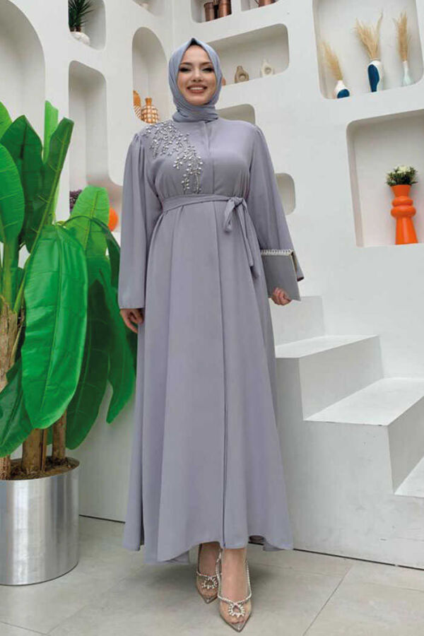 Schultersteinbestickte Taillenkrawatte Abaya 7805 Grau - 1