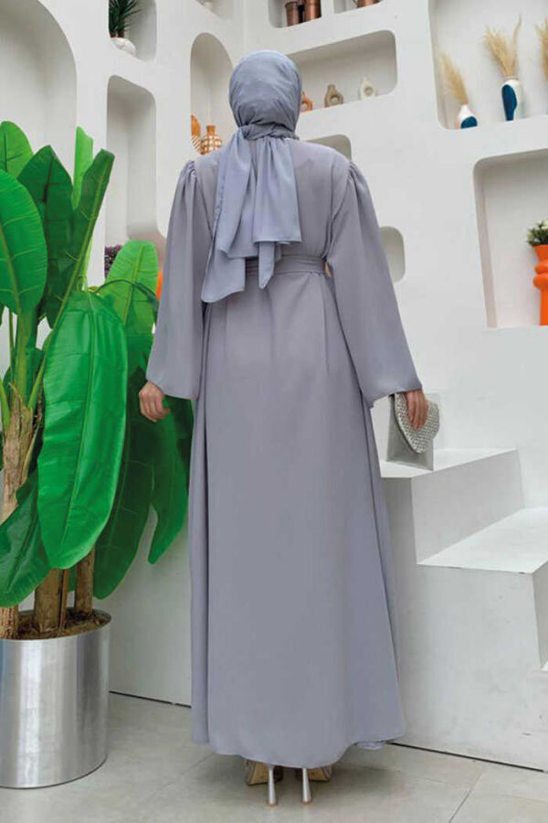 Schultersteinbestickte Taillenkrawatte Abaya 7805 Grau - 2