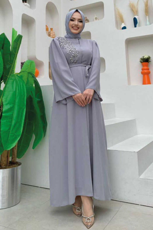 Schultersteinbestickte Taillenkrawatte Abaya 7805 Grau - 3