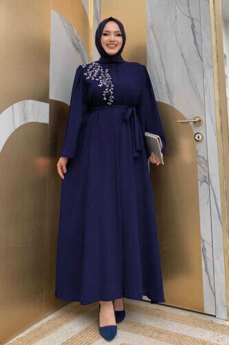 Schultersteinbestickte Taillenkrawatte Abaya 7805 Marineblau 