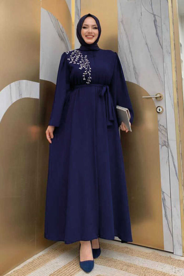 Schultersteinbestickte Taillenkrawatte Abaya 7805 Marineblau - 1