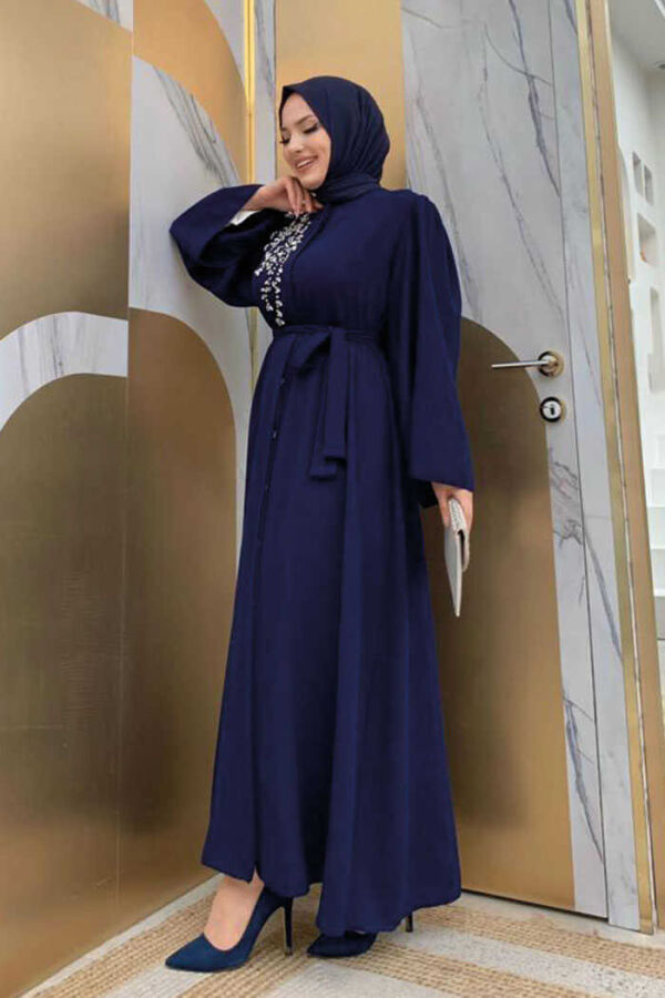 Schultersteinbestickte Taillenkrawatte Abaya 7805 Marineblau - 3