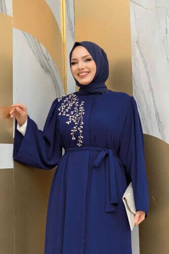 Schultersteinbestickte Taillenkrawatte Abaya 7805 Marineblau - 4