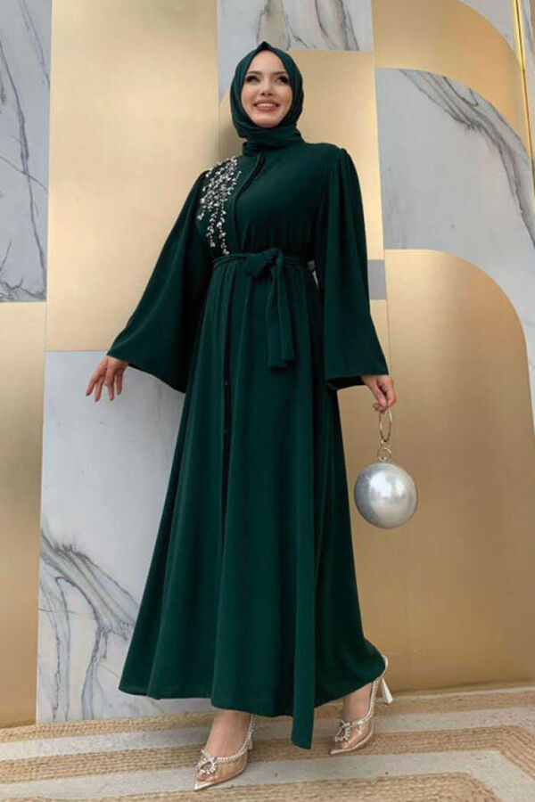 Schultersteinbestickte Taillenkrawatte Abaya 7805 Smaragd - 3