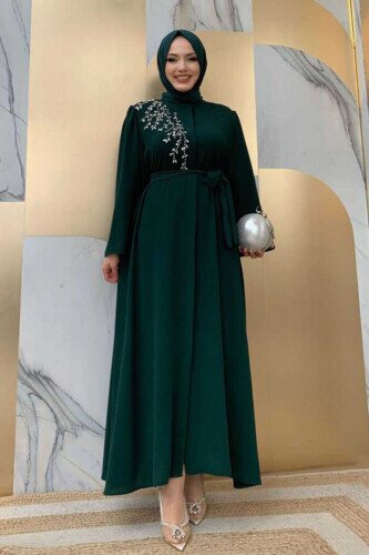 Shoulder Stone Embroidered Waist Tie Abaya 7805 Emerald 