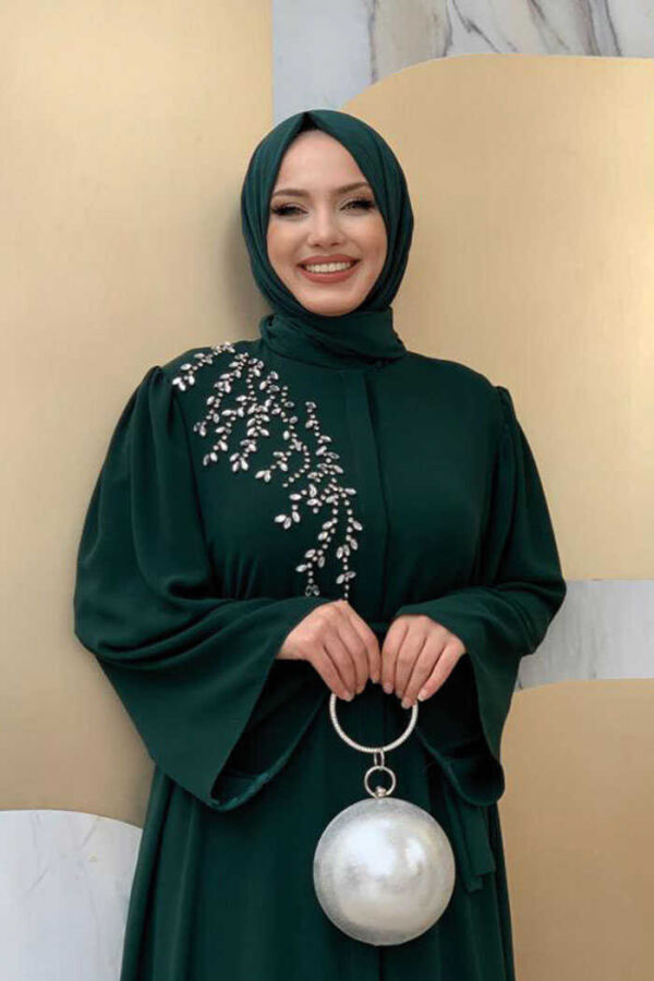 Shoulder Stone Embroidered Waist Tie Abaya 7805 Emerald - 4