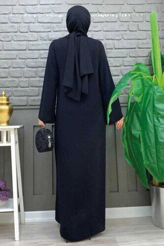 Steinbestickte Abaya mit Reißverschluss vorne 7806 Schwarz - 2