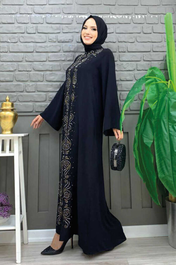 Steinbestickte Abaya mit Reißverschluss vorne 7806 Schwarz - 3