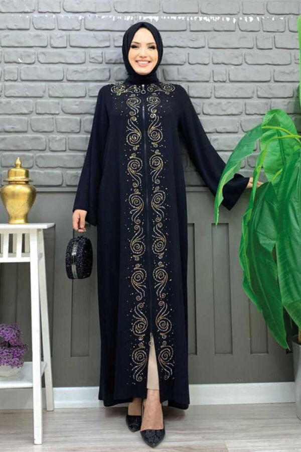 Stone Embroidered Front Zippered Abaya 7806 Black - 1