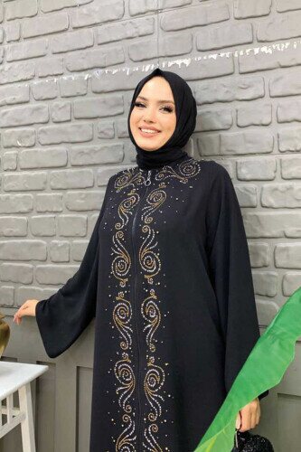 Stone Embroidered Front Zippered Abaya 7806 Black - 4