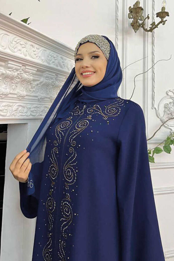 Steinbestickte Abaya mit Reißverschluss vorne 7806 Marineblau - 4