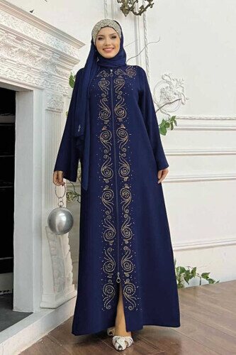 Stone Embroidered Front Zippered Abaya 7806 Navy Blue 