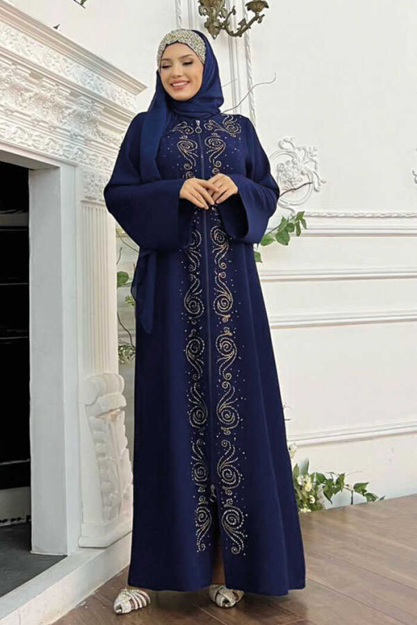 Stone Embroidered Front Zippered Abaya 7806 Navy Blue - 2