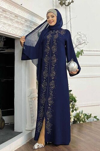 Stone Embroidered Front Zippered Abaya 7806 Navy Blue - 3