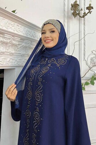 Stone Embroidered Front Zippered Abaya 7806 Navy Blue - 4