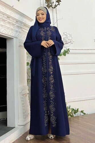 Вышитая камнем передняя молния Abaya 7806 темно-синяя - 2