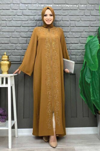 Stone Embroidered Front Zippered Abaya 7806 Taba 