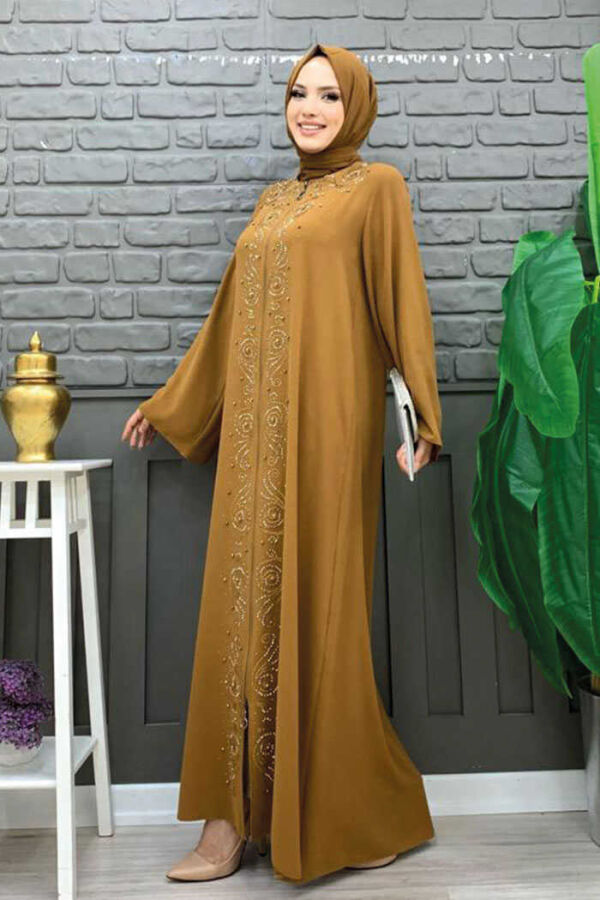 Stone Embroidered Front Zippered Abaya 7806 Taba - 3