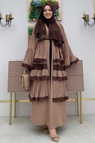 Layered Lace Look Abaya with Sleeve Cuffs and Skirt 7807 Mink - 1