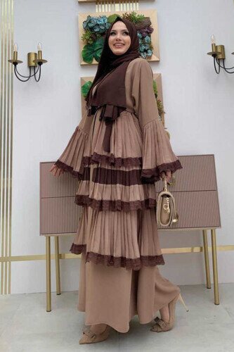 Layered Lace Look Abaya with Sleeve Cuffs and Skirt 7807 Mink - 3