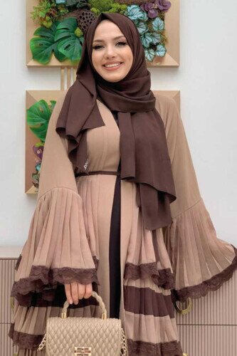 Layered Lace Look Abaya with Sleeve Cuffs and Skirt 7807 Mink - 4