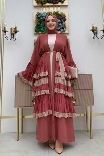 Layered Lace Look Abaya with Sleeve Cuffs and Skirt 7807 Dried Rose 