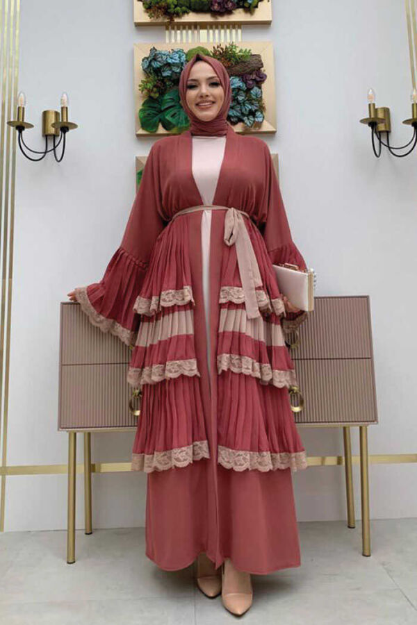 Layered Lace Look Abaya with Sleeve Cuffs and Skirt 7807 Dried Rose - 1