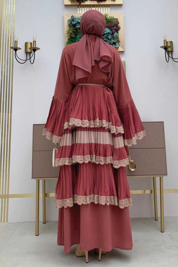 Layered Lace Look Abaya with Sleeve Cuffs and Skirt 7807 Dried Rose - 2