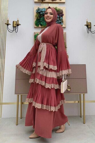 Layered Lace Look Abaya with Sleeve Cuffs and Skirt 7807 Dried Rose - 3