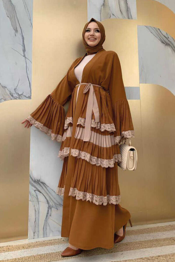 Sleeve Cuffs and Skirt Layered Lace Look Abaya 7807 Taba - 3