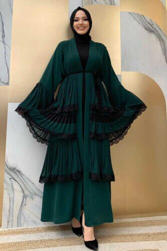 Layered Lace Look Abaya with Sleeve Cuffs and Skirt 7807 Emerald 