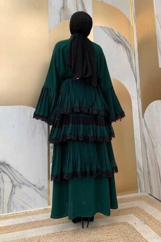 Layered Lace Look Abaya with Sleeve Cuffs and Skirt 7807 Emerald - 2