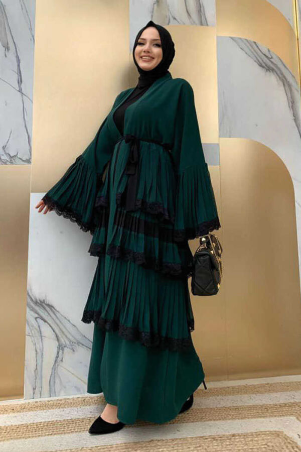 Layered Lace Look Abaya with Sleeve Cuffs and Skirt 7807 Emerald - 3