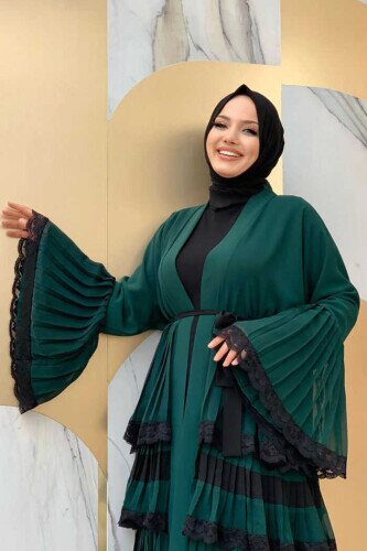 Layered Lace Look Abaya with Sleeve Cuffs and Skirt 7807 Emerald - 4