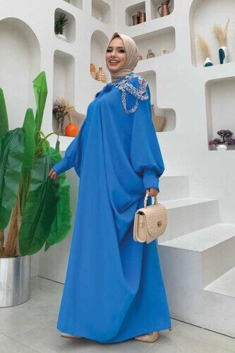 Schulterbestickte Abaya mit Fledermausärmeln 7808 Blau - 3