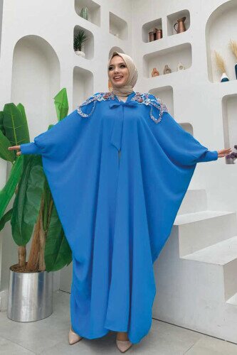 Shoulder Embroidered Bat Sleeve Detail Abaya 7808 Blue 