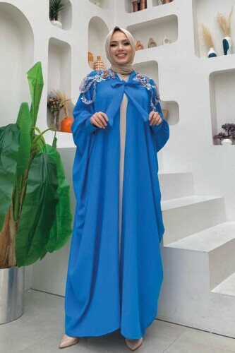 Shoulder Embroidered Bat Sleeve Detail Abaya 7808 Blue - 2