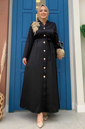 Lace Guipure Embroidered Shoulder Button Satin Abaya 7813 Black 