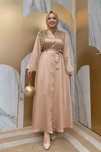 Spitze Guipure bestickter Schulterknopf Satin Abaya 7813 Nerz 