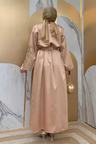 Spitze Guipure bestickter Schulterknopf Satin Abaya 7813 Nerz - 2