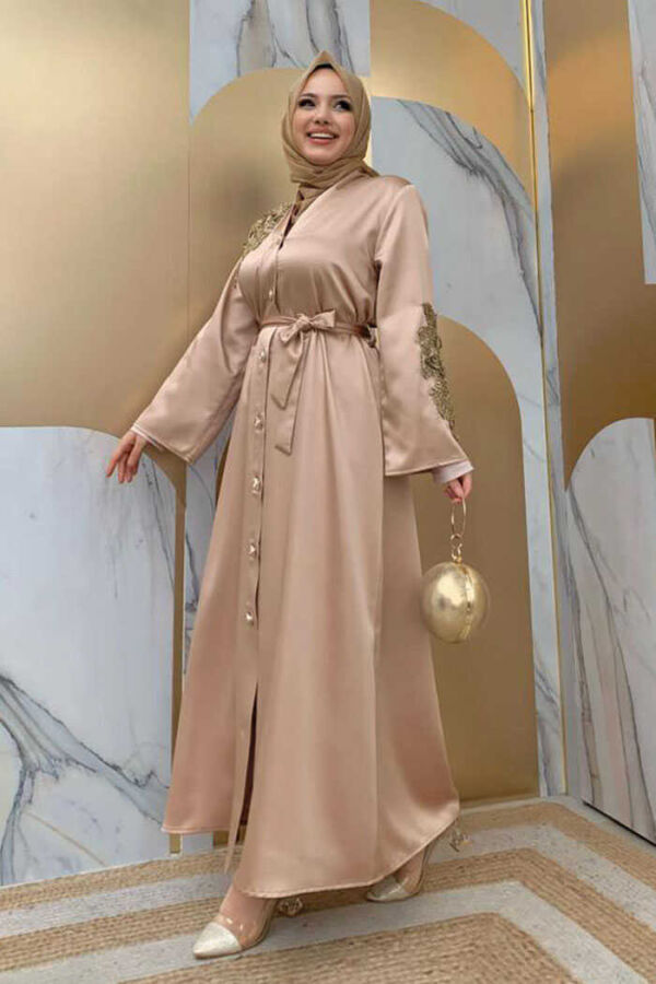 Spitze Guipure bestickter Schulterknopf Satin Abaya 7813 Nerz - 3