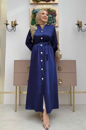 Lace Guipure Embroidered Shoulder Button Satin Abaya 7813 Navy Blue - 1