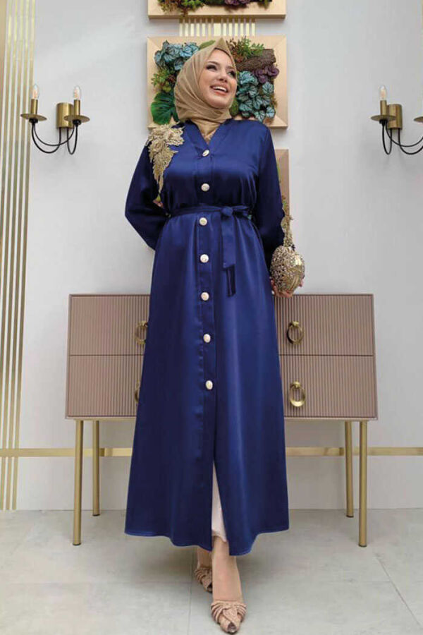 Lace Guipure Embroidered Shoulder Button Satin Abaya 7813 Navy Blue - 1