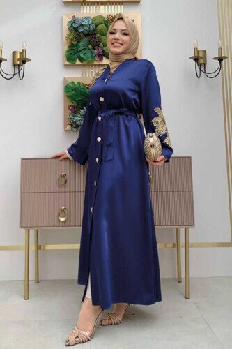 Lace Guipure Embroidered Shoulder Button Satin Abaya 7813 Navy Blue - 3