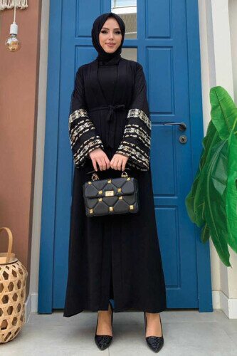 Sleeve Embroidered Waist Belted Abaya 7814 Black 